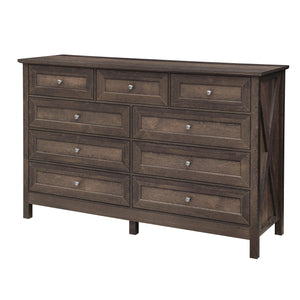 English Elm Wood Rustic Storage Dresser with 9 Drawers, Silver Handles and X Side Accents for Stylish Storage Brown N709P288888D