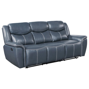 English Elm Stanwicke Blue 2-Piece Reclining Sofa Set with Loveseat Console, Faux Leather, Contrast Stitching, Pillowtop Arms for Ultimate Comfort B062S01275