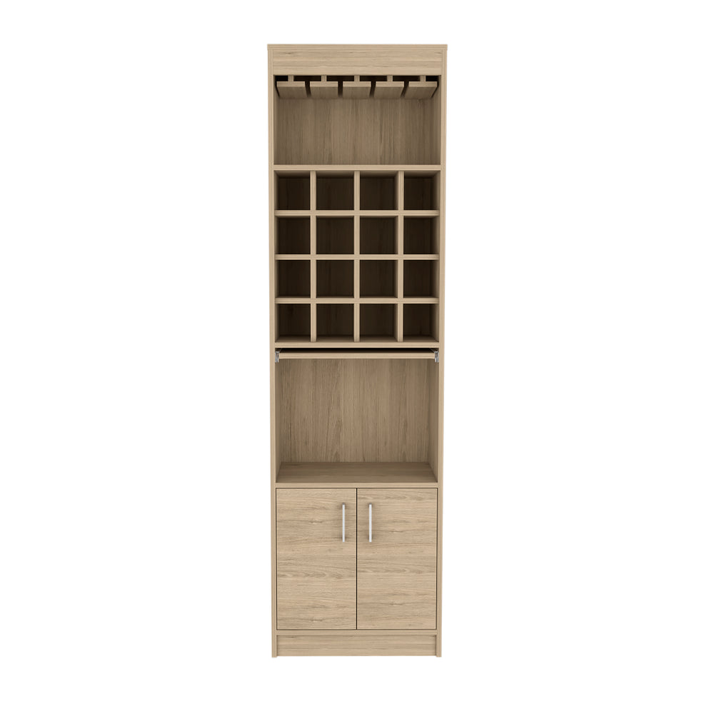 English Elm Being Kava Bar Cabinet 71" High Light Pine with 12 Glass Rack, Retractable Tray & 16 Bottle Cubbies B070S00097