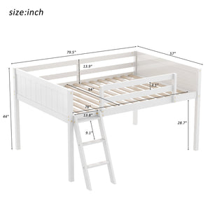 English Elm Full Low Loft Bed Pine Wood with Ladder & Guardrails, Space-Saving Play Area, Secure 350lb Capacity White WF531952AAK