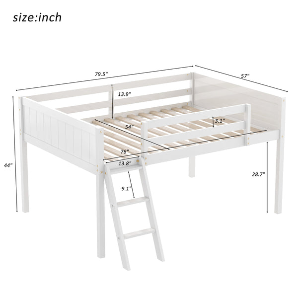 English Elm Full Low Loft Bed Pine Wood with Ladder & Guardrails, Space-Saving Play Area, Secure 350lb Capacity White WF531952AAK