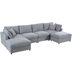 English Elm U_style Six Seat Chenille U Shaped Sectional Modular Sofa with Movable Ottomans Grey WY000474AAE