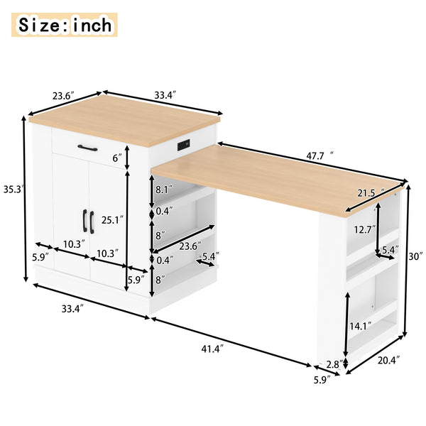 English Elm Extendable Kitchen Island with Storage Drawers Open Shelving and Cabinet in White W1580S00273