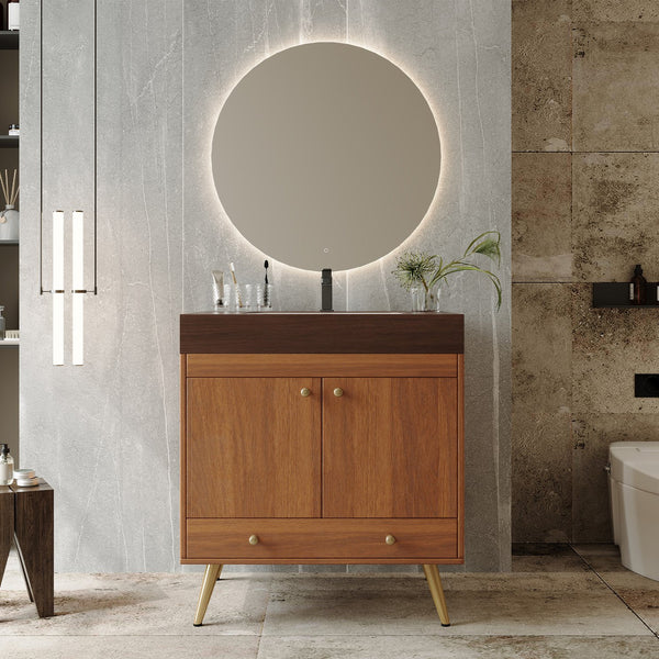 English Elm Mid-century Freestanding Bathroom Vanity Marble Stone Top Ceramic Sink Gold Legs W3136S00064