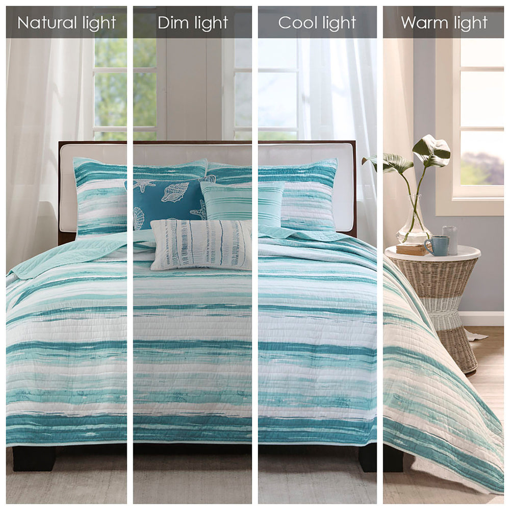 English Elm 6 Madison Park Marina Reversible Quilt Set Full/Queen with Coastal Watercolor Stripes and Embroidered Pillows Aqua 22.44 L x 17.72 W x 5.91 H B03597637
