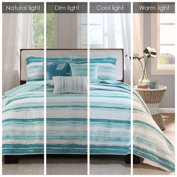 English Elm 6 Madison Park Marina Reversible Quilt Set Full/Queen with Coastal Watercolor Stripes and Embroidered Pillows Aqua 22.44 L x 17.72 W x 5.91 H B03597637