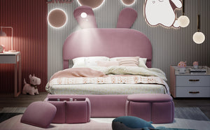 English Elm Full Pink Velvet Platform Bed Cartoon Ear Headboard Led Light Storage Stools N709P195300H-1