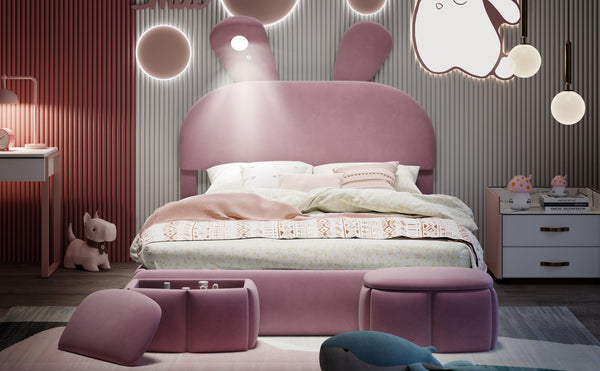 English Elm Full Pink Velvet Platform Bed Cartoon Ear Headboard Led Light Storage Stools N709P195300H-1