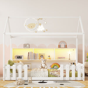English Elm Twin House Bed with LED Light and Built-In Bookshelf, Solid Wood Playhouse Design for Kids Safety White 78.15 L x 15.75 W x 6.1 H W2593P269087