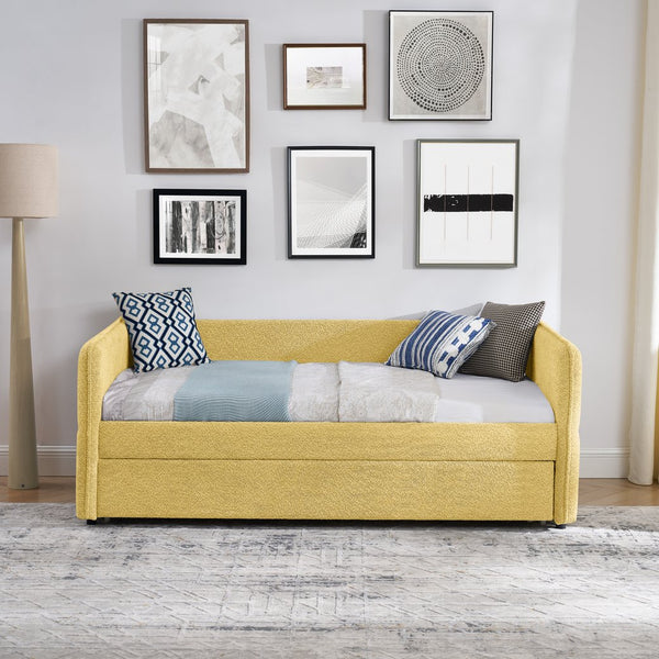 English Elm Daybed Boucle Upholstered Tufted Twin Trundle Sofa for Guest Bedroom Studio Lounge Yellow W1413S00174