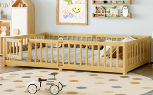 English Elm Queen Kids Floor Bed with Safety Guardrails and Door for Independent Sleep, Pine Frame, 82.7"x62.6" Natural W1580P338954