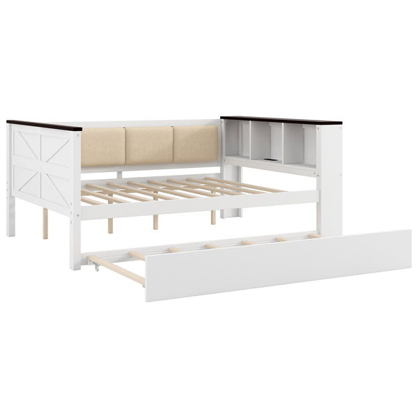 English Elm Twin Pine Wood Daybed with Trundle Upholstered Backrest Storage Shelf and Usb Port N7090002233K