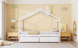 English Elm Twin House Bed Solid Pine Kids Cottage Frame with Storage Drawers Imaginative Room N708P309245K