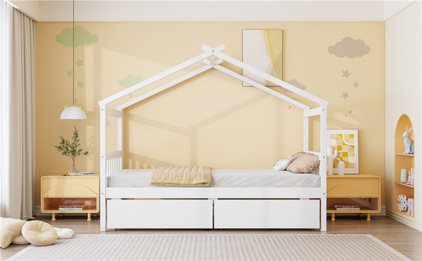 English Elm Twin House Bed Solid Pine Kids Cottage Frame with Storage Drawers Imaginative Room N708P309245K