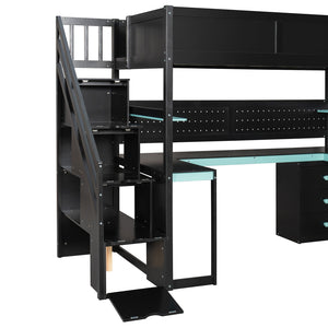 English Elm Full Size Gaming Loft Bed with Led Lighting Desk Shelves and Usb Charging Ports N820S00070C