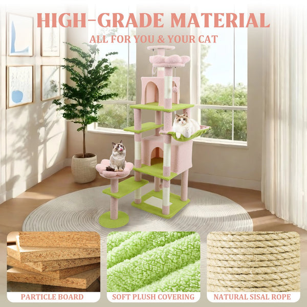 English Elm 71 Inch Floral Cat Tower with Condo Hammock Sisal Posts and Plush Perches for Large Breeds Pink W243P326627