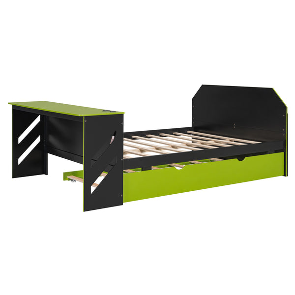 English Elm Full Size Wood Daybed with Twin Trundle Desk and Usb Charging for Teen Rooms Green LT000262AAG