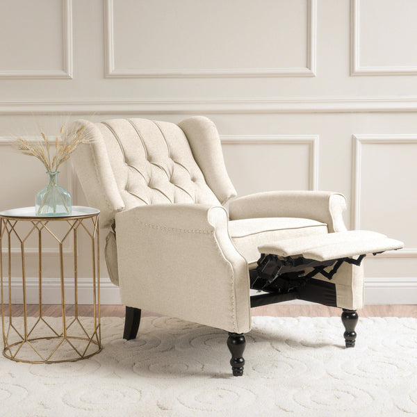 English Elm Charcoal Wingback Pushback Recliner with Button Tufted Diamond Fabric Upholstery Beige N763P410529A