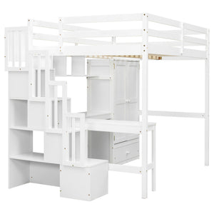 English Elm Twin Over Full Bunk Bed Solid Pine Frame with Built-in Slide and Storage Staircase White W504S00264
