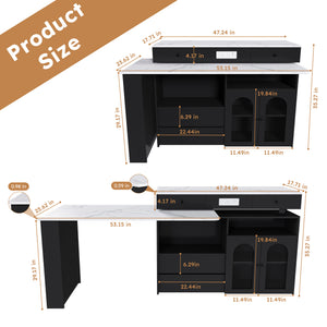 English Elm Kitchen Island Marble Veneer Retro Style Rotating Expandable Top Built-in Outlets Mdf Black W2700S00119