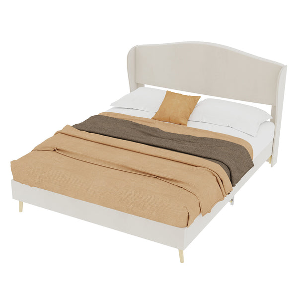 English Elm Suede Tufted Platform Bed Full Size Upholstered Headboard for Restful Bedroom Retreat Beige W1935P361016