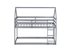 English Elm Twin Rubber Wood Floor Bunk Bed House-Shaped Design with Ladder Guardrails Sturdy Low-Profile Retreat Grey W504P206863