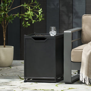 English Elm Outdoor Powder Coated Iron Propane Tank Side Table with Hinged Door Matte Black N772P304787B
