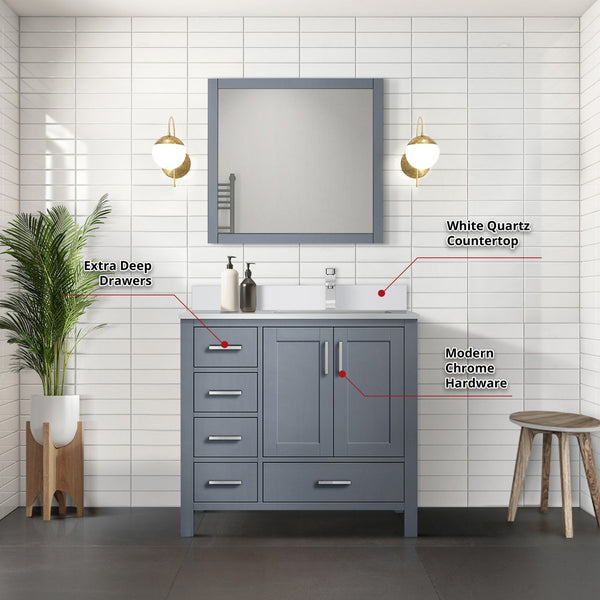 English Elm Dark Grey Bath Vanity With Right Offset White Quartz Top, Chrome Faucet, And Matching Mirror Set B2731S01263