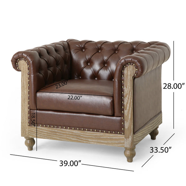 English Elm Christopher Knight Home® - CLUB Club Chair Chesterfield-Inspired Tufted PU Upholstery with Nailhead Trim, Scrolled Arms, Turned Legs Dark Brown 39.25 L x 34.25 W x 25 H 72069.00