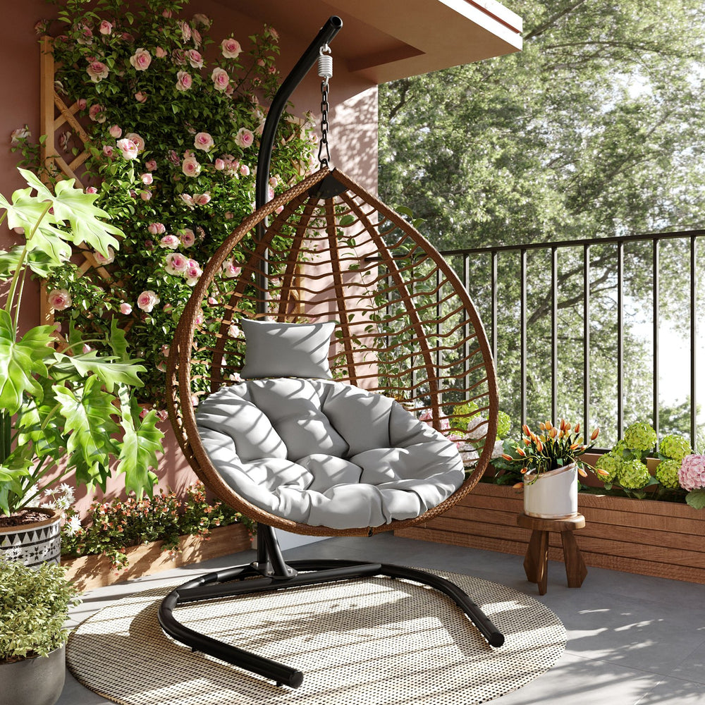 English Elm U_style Wicker Hanging Egg Chair with Stand Foldable Indoor Outdoor Swing Seat Brown+Gray N711P389502G