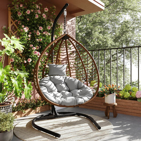 English Elm U_style Wicker Hanging Egg Chair with Stand Foldable Indoor Outdoor Swing Seat Brown+Gray N711P389502G