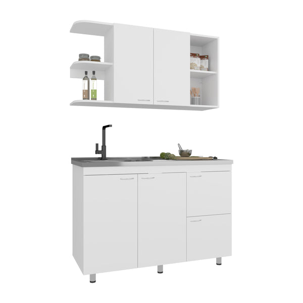 English Elm Byron Two Piece White Kitchen Cabinet Set with Sink Basin Six Doors Nine Shelves B097S00227