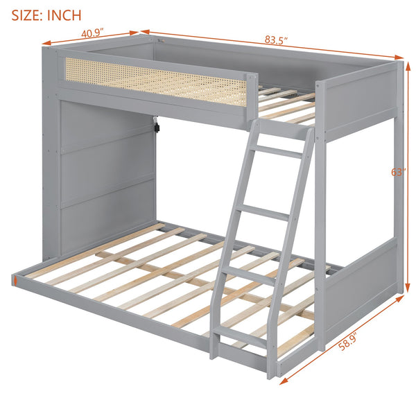 English Elm Twin Over Full Bunk Bed with Cane Guardrail Led Lighting and Built-in Bookshelf Gray LT000351AAE