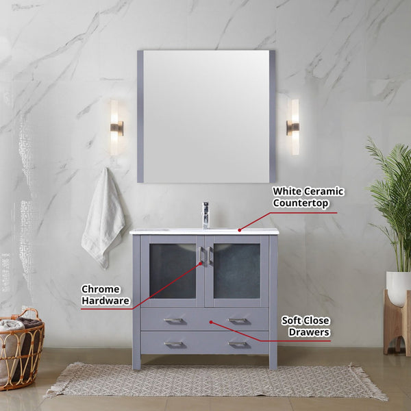 English Elm Dark Grey Bath Vanity 36in W x 18.25in D with White Ceramic Top, Chrome Faucet, 34in Mirror, Durable Finish B2731S01289