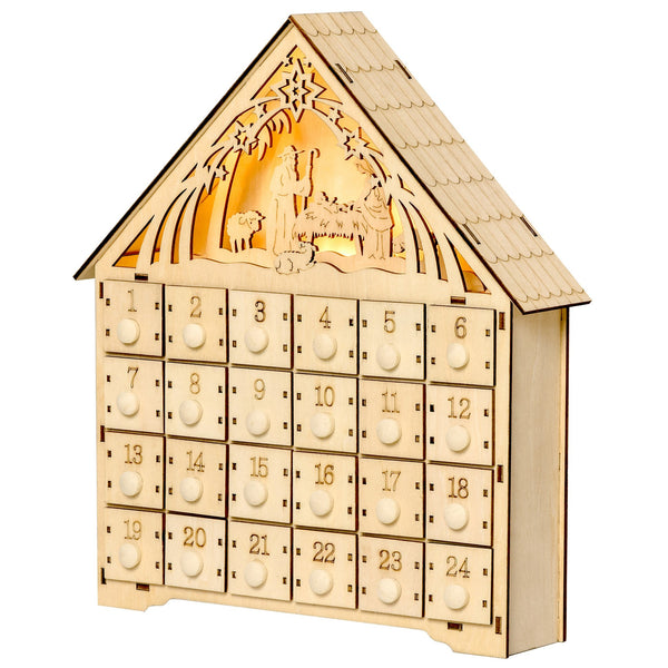English Elm Homcom Light-Up Wooden Advent Calendar With Nativity Scene, 24 Countdown Drawers For Holiday Cheer W2225P249696