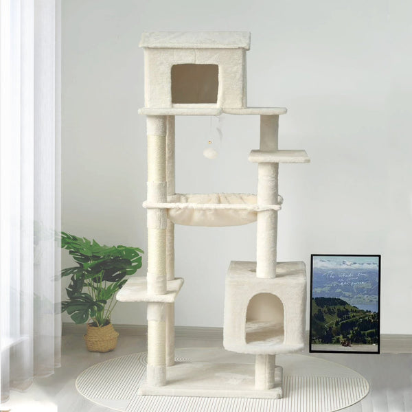 English Elm Beige Plush Multi-cat Tower with Sisal Posts Hammock and Enclosed Hideaway 64in Beige W243P326764