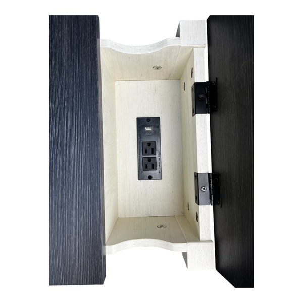English Elm Farmhouse Nightstand with Charging Station and Barn Door Drawer — USB-C, AC Outlets, Compact Storage White+Black W1412P230408
