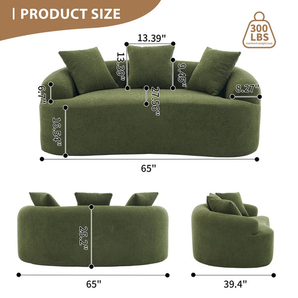 English Elm LY-025S Curved Loveseat Sofa Compact 65" chenille upholstery, 30D foam with spring core, 300lb capacity, 3 pillows, apartment-friendly Antique Green,Green W2231P292604