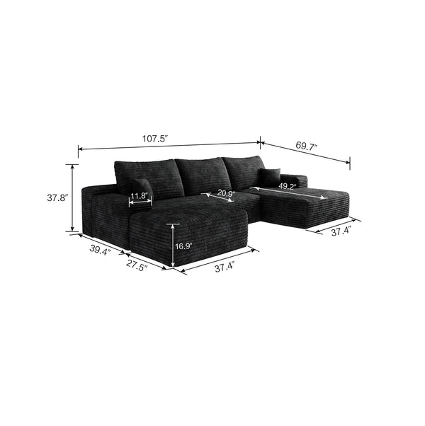 English Elm 107" Cloud Sectional Sofa With Ottoman - Plush Black Corduroy U-Shaped Couch For Ultimate Comfort W2824S00027