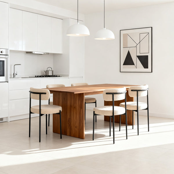 English Elm Medieval tufted dining chair set of 4, beige boucle seats, ergonomic curved back, black metal legs W3851P369044