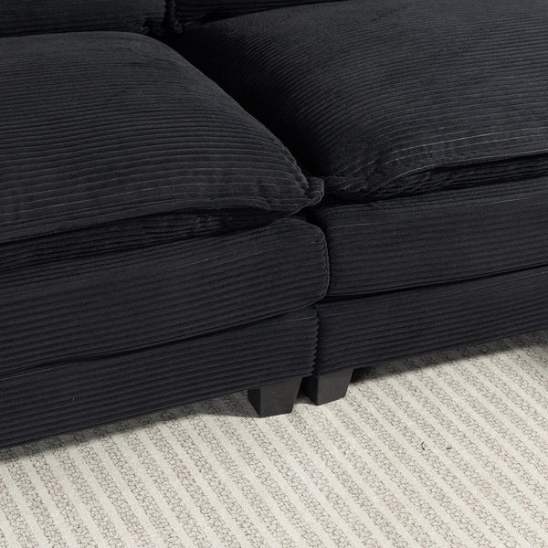 English Elm Modern Black Corduroy L-shaped Sectional with Ottoman for Spacious Living Rooms W2715P382263