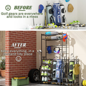 English Elm Golf Bag Vertical Rack Organizer Holds 3 Bags with Club and Accessory Shelves T3210P392618