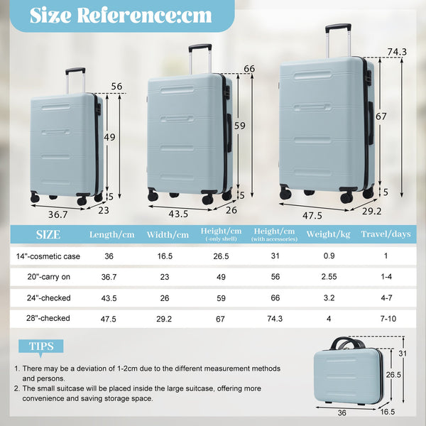 English Elm 6 Piece Hardshell Abs Travel Set with Spinner Wheels Combination Lock and Toiletry Bag Light Blue N732P391465N