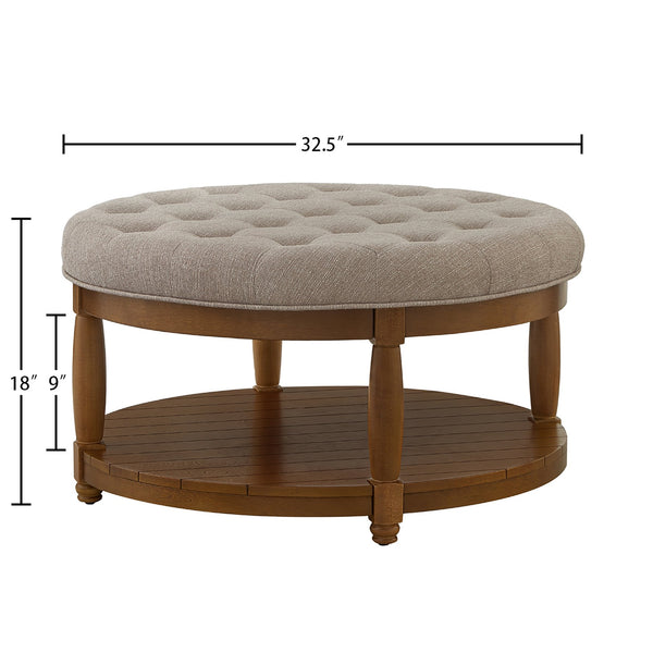 English Elm Large Round Tufted Ottoman Coffee Table with Wood Shelf for Living Room Lounge Linen W2186P212194