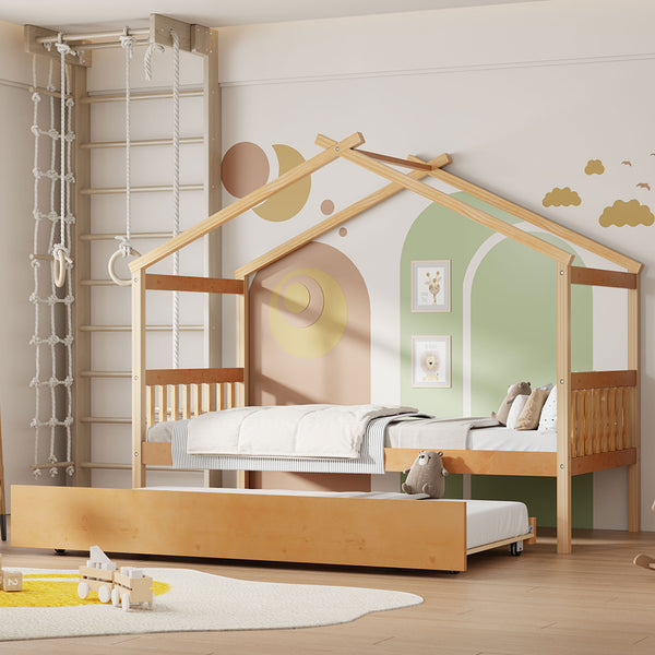 English Elm Twin House Bed Solid Pine Cottage Frame with Pull Out Trundle for Kids Bedroom Natural N708P309238M