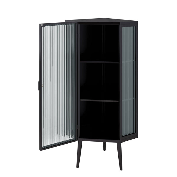 English Elm 22.25'' Floor Corner Cabinet with Tempered Glass Doors, Three-Tier Metal Frame Storage for Home Black W757P180792