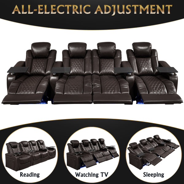 English Elm 124.4"power Recliner Set Nappa Leather Home Theater Seating with Rgb Led Charging W3819S00104