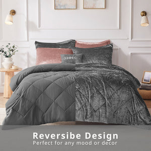 JLA Home Intelligent Design - Velvet Plush Comforter Set with Diamond Quilting, Hypoallergenic Fill and Machine-Washable Ease Grey ID10-1792