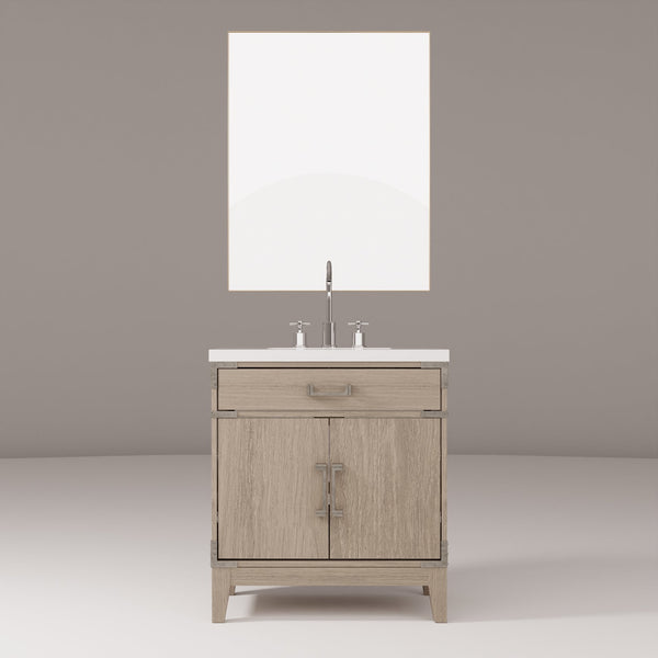 English Elm Grey Oak Single Bath Vanity with White Quartz Top, 30" W, Mirror & Chrome Faucet Set, Durable Finish B2731S02006