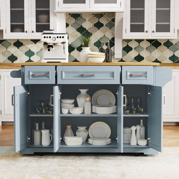 English Elm K&K 54" Farmhouse Kitchen Island with Embossed Texture, Drop Leaf, Soft-Close Drawers & Wheels Grey+Blue N707P195395G